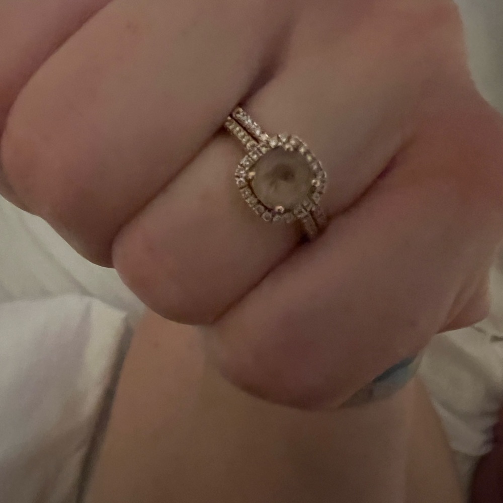 Morganite rose gold engagement ring and wedding band.